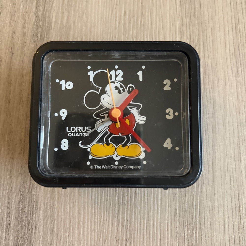 Disney Lorus Quartz Mickey Mouse Alarm Clock Black Plastic Vintage 3”x2.5” WORKS